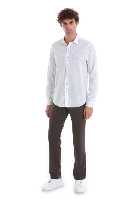 White Comfort Fit Printed Slim Collar Long Sleeve Spo - 2