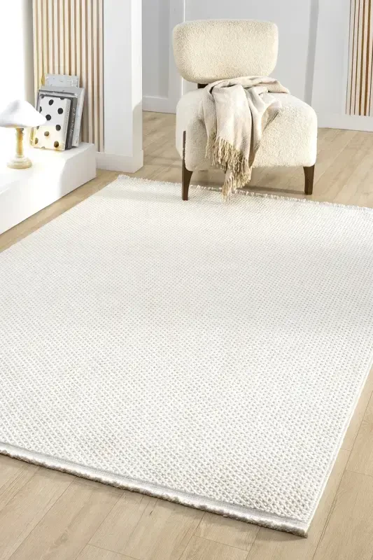 White Cream Soft Textured Rug Carpet Living Room Kitchen Hallway Runner Woven Machine Carpet 007-White 6 - 7