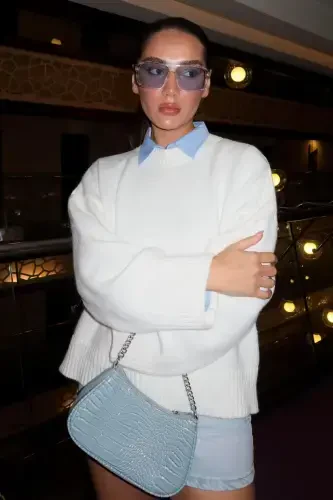 White Crew Neck Oversize Knitwear Sweater MG1972-White - 2