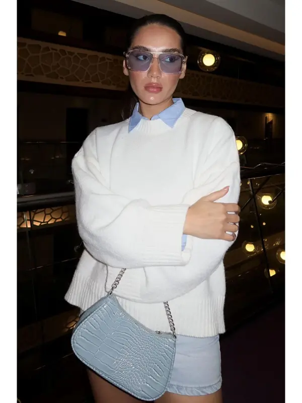 White Crew Neck Oversize Knitwear Sweater Mg1972-White - 1