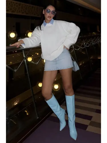 White Crew Neck Oversize Knitwear Sweater Mg1972-White - 3