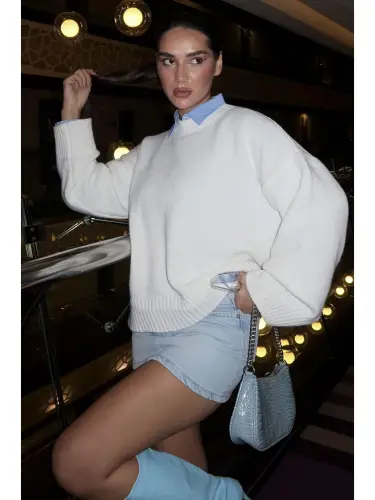 White Crew Neck Oversize Knitwear Sweater Mg1972-White - 4