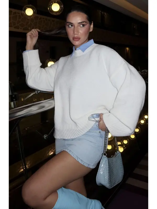 White Crew Neck Oversize Knitwear Sweater Mg1972-White - 4