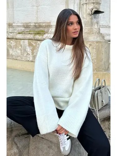 White Crew Neck Oversize Knitwear Sweater Mg1972-White - 9