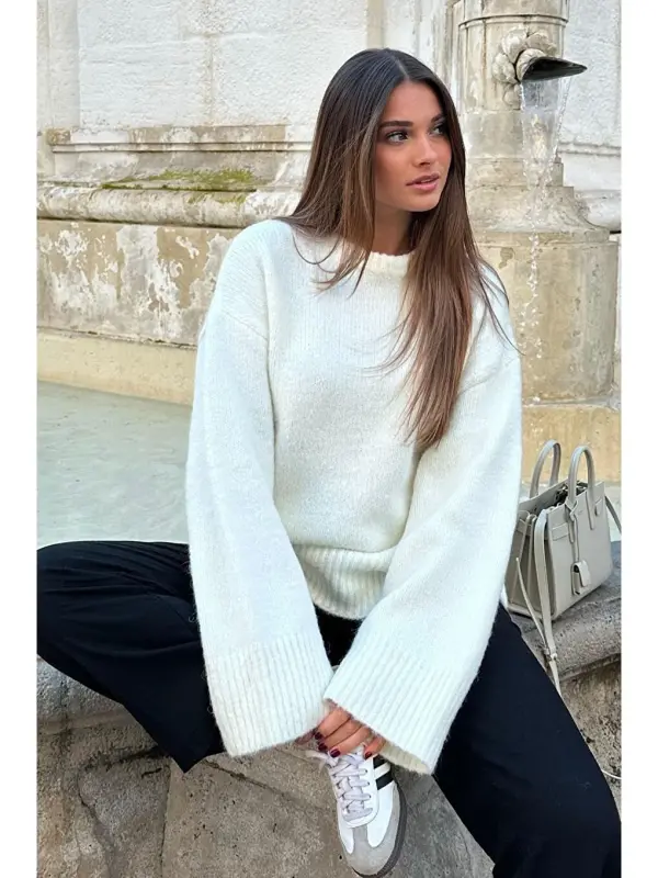 White Crew Neck Oversize Knitwear Sweater Mg1972-White - 9
