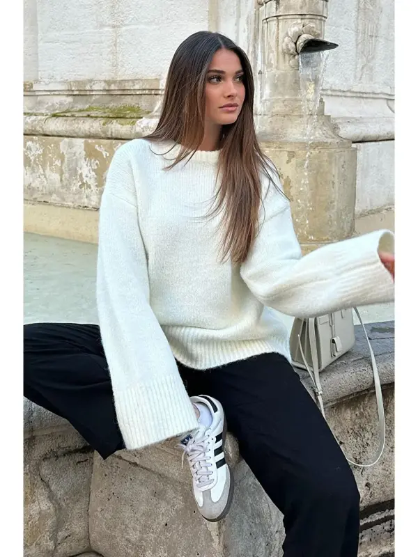 White Crew Neck Oversize Knitwear Sweater Mg1972-White - 10