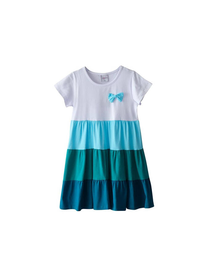 White + Dark Petrol Girl Short Sleeve Bow Detailed Colorful Tiered Dress-Petrol - 1
