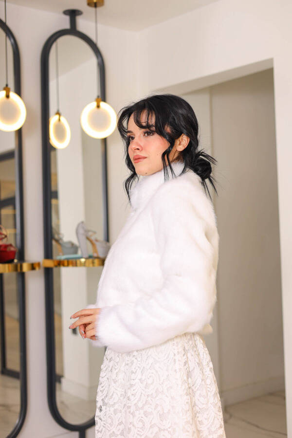 White Dense Feather Bolero Long Sleeve Fur Bridal Stole, Double Brooch Stole - 6