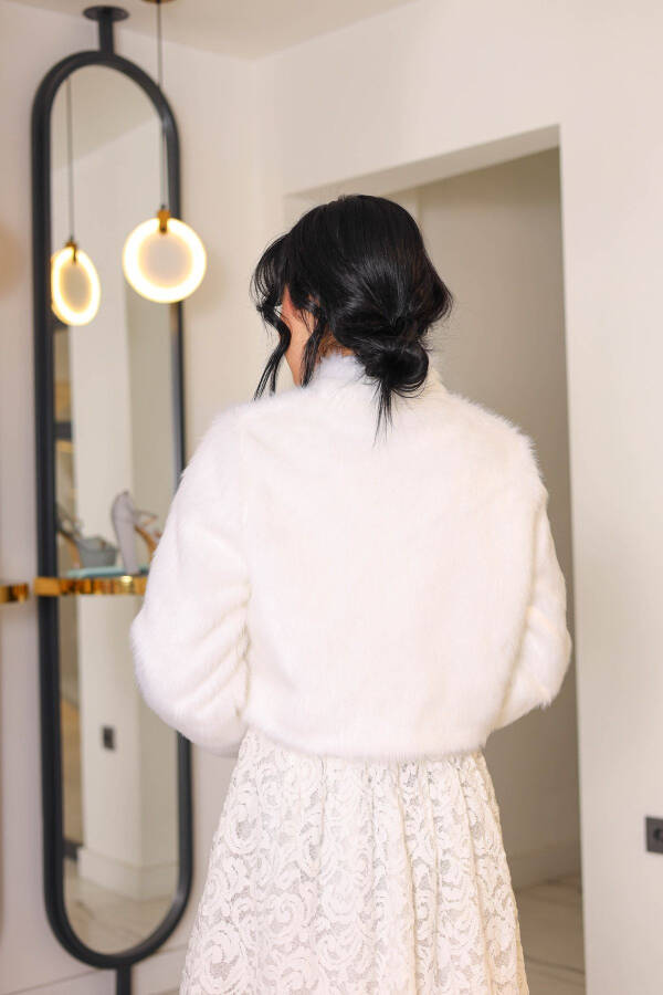 White Dense Feather Bolero Long Sleeve Fur Bridal Stole, Double Brooch Stole - 7