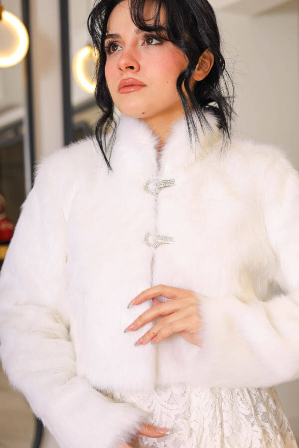 White Dense Feather Bolero Long Sleeve Fur Bridal Stole, Double Brooch Stole - 8