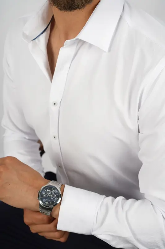 White Diamond Pattern Slim Fit Men's Shirt - White - 1