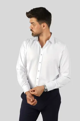 White Diamond Pattern Slim Fit Men's Shirt - White - ETIKMEN (1)