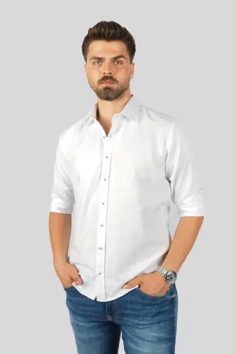White Diamond Pattern Slim Fit Men's Shirt - White - 5