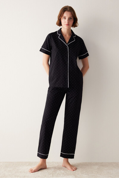 White Dotted Black Shirt and Pants Pajama Set - 2