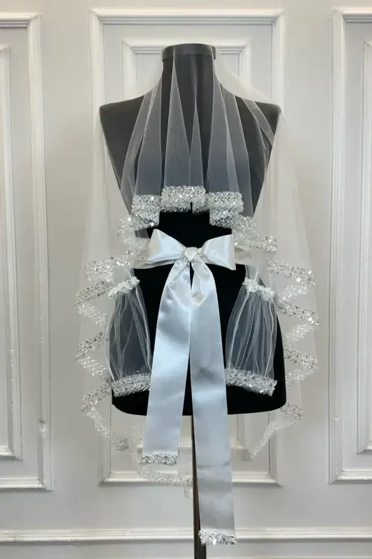 White Elegant Bridal Veil Set, Rhinestone Henna Veil Set 6 Pieces-White - 2