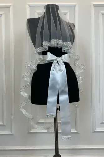 White Elegant Bridal Veil Set, Rhinestone Henna Veil Set 6 Pieces-White - 5