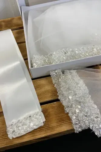 White Elegant Bridal Veil Set, Rhinestone Henna Veil Set 6 Pieces-White - 6