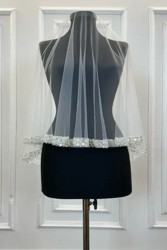 White Elegant Bridal Veil Set, Rhinestone Henna Veil Set 6 Pieces-White - 7