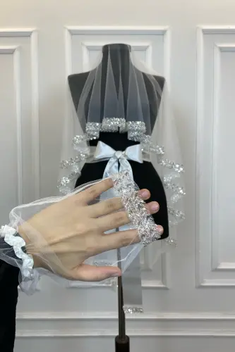 White Elegant Bridal Veil Set, Rhinestone Henna Veil Set 6 Pieces-White - 4