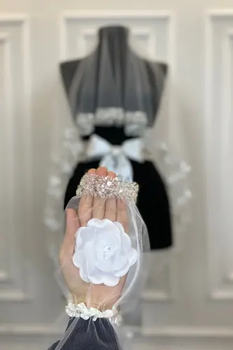 White Elegant Bridal Veil Set, Rhinestone Henna Veil Set 6 Pieces-White - 5