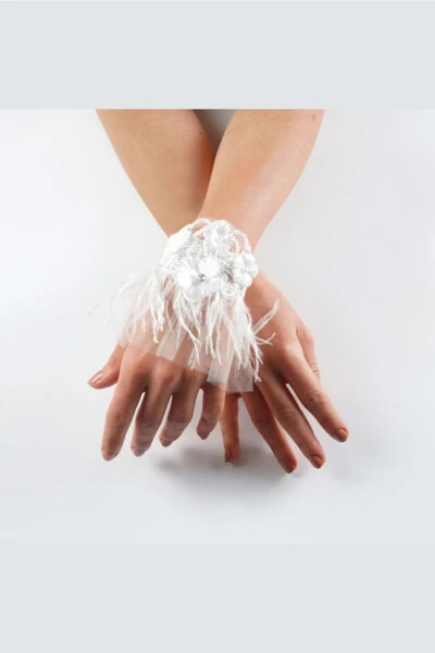 White Feather Single Wrist Bridal Glove - SEDDA