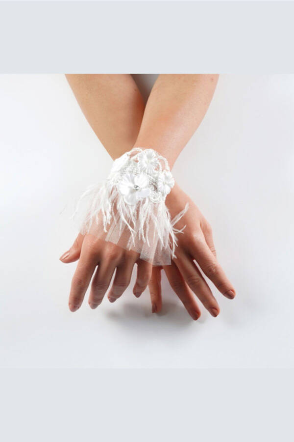 White Feather Single Wrist Bridal Glove - 1