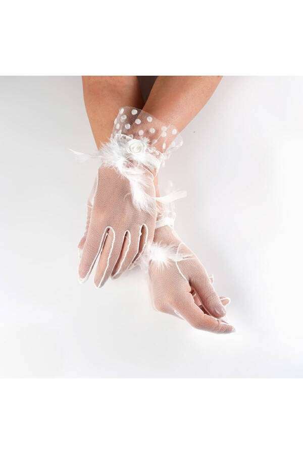 White Feathery Wedding Gloves - 3