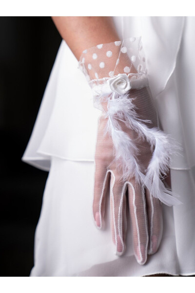 White Feathery Wedding Gloves - 4