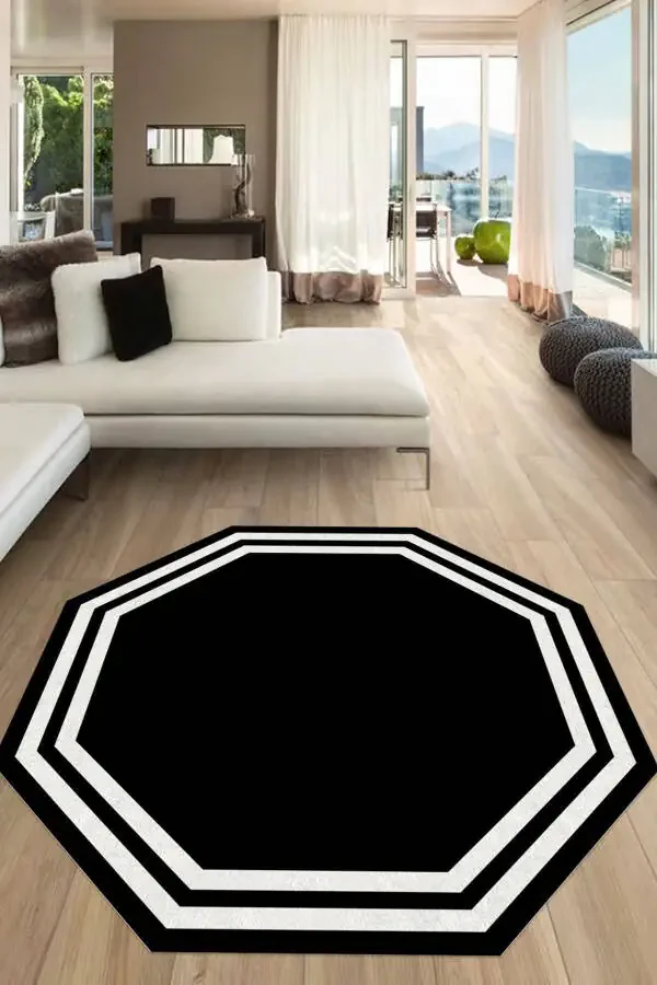 White Framed Black Octagon Rug Non-Slip Dot Base Living Room Rug Machine Washable-gr562 - 3