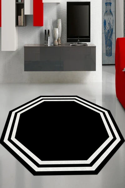 White Framed Black Octagon Rug Non-Slip Dot Base Living Room Rug Machine Washable-gr562 - GREY HOME (1)