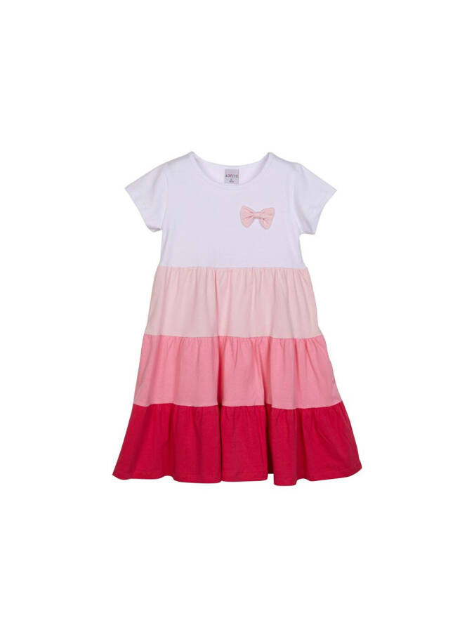 White+ Fuchsia Girls Short Sleeve Bow Detailed Colorful Layered Dress-White - 1