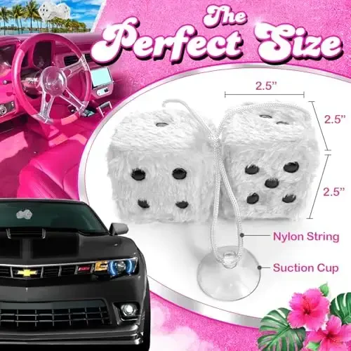 White Fuzzy Dice Car Accessories - Plush Cute Car Accessories for Interior - Plush Rear View Mirror Hanging Ornament Decorations - Retro Y2K McBling 2000s Aesthetic Girly Decor - White and Black - 3