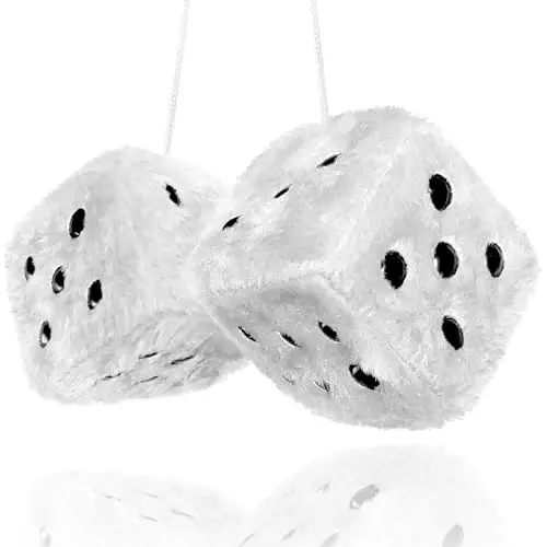 White Fuzzy Dice Car Accessories - Plush Cute Car Accessories for Interior - Plush Rear View Mirror Hanging Ornament Decorations - Retro Y2K McBling 2000s Aesthetic Girly Decor - White and Black - 1