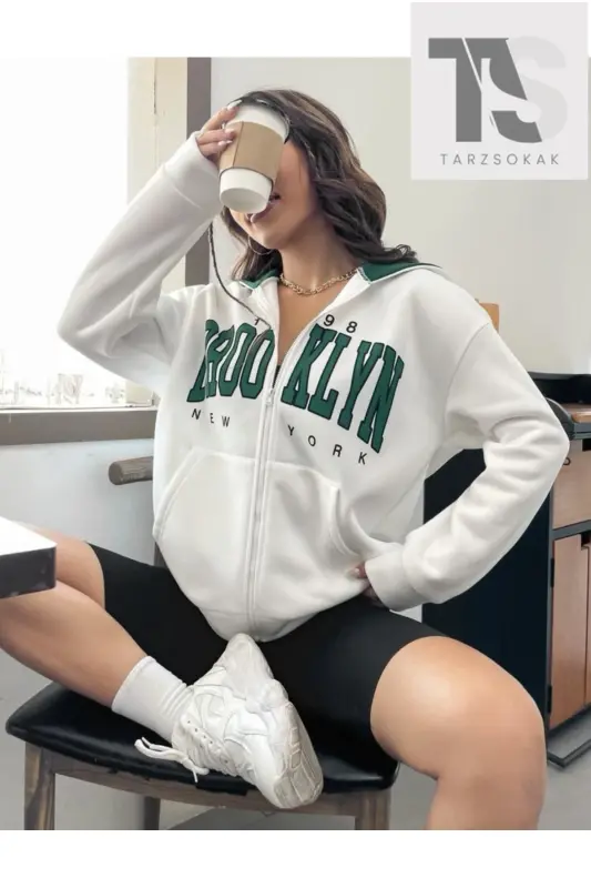 White Green Hooded Zippered Brooklyn Oversize-white broklyny - 2