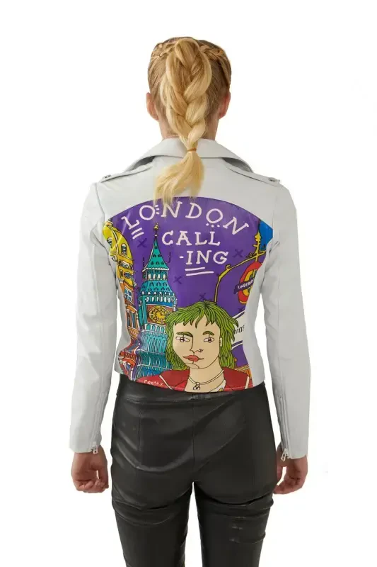 White Ikigai The City London printed, epaulet, zippered biker women's leather jacket - DERIDERIM