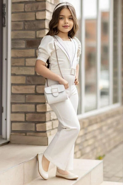 White Jumpsuit for Girls with Embroidered Stones, Half Sleeves, Belt Detail and Bag - RICCOTARZ