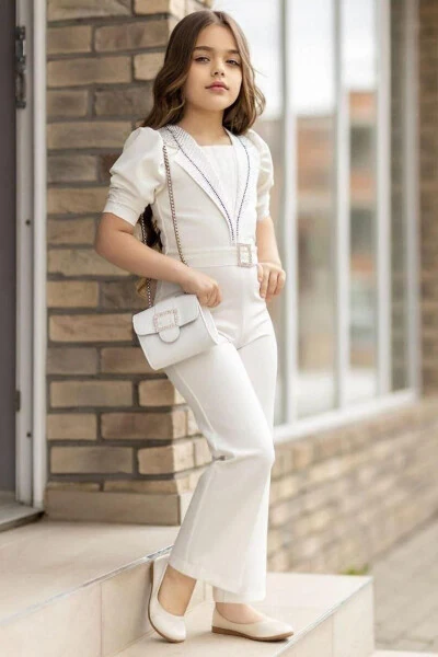 White Jumpsuit for Girls with Embroidered Stones, Half Sleeves, Belt Detail and Bag - RICCOTARZ (1)