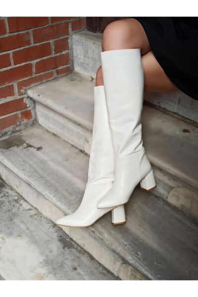 White knee-high heeled boots (zipperless) - 3