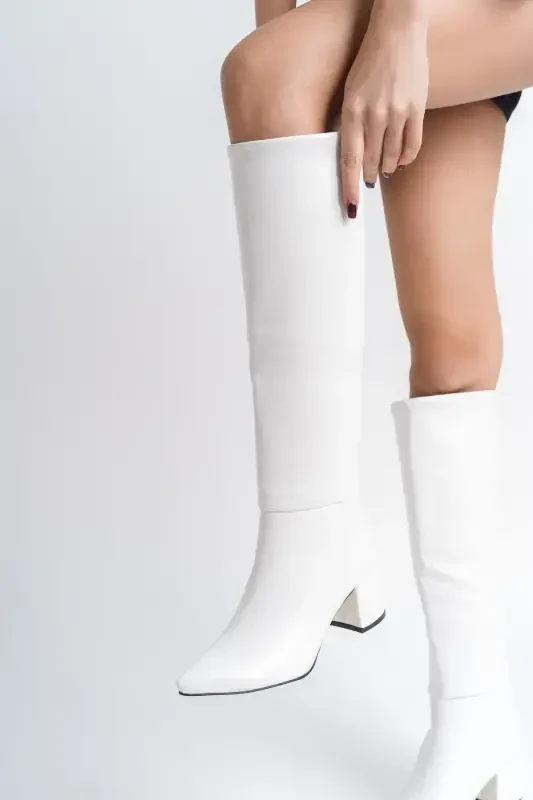 White knee-high heeled boots (zipperless) - 3
