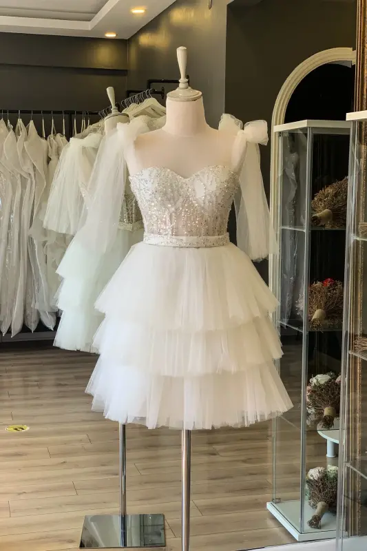 White Lace Trim Mini Night and Party Dress-white - 1