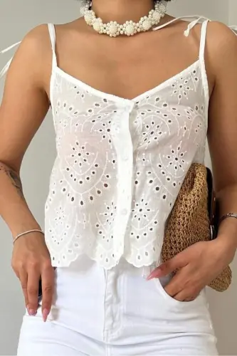 White Lace-Trimmed Broderie Blouse - 3
