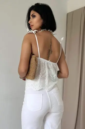 White Lace-Trimmed Broderie Blouse - 4