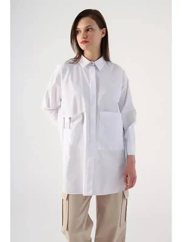 White Large Pocket Birdseye Oversize Shirt - LC WAIKIKI