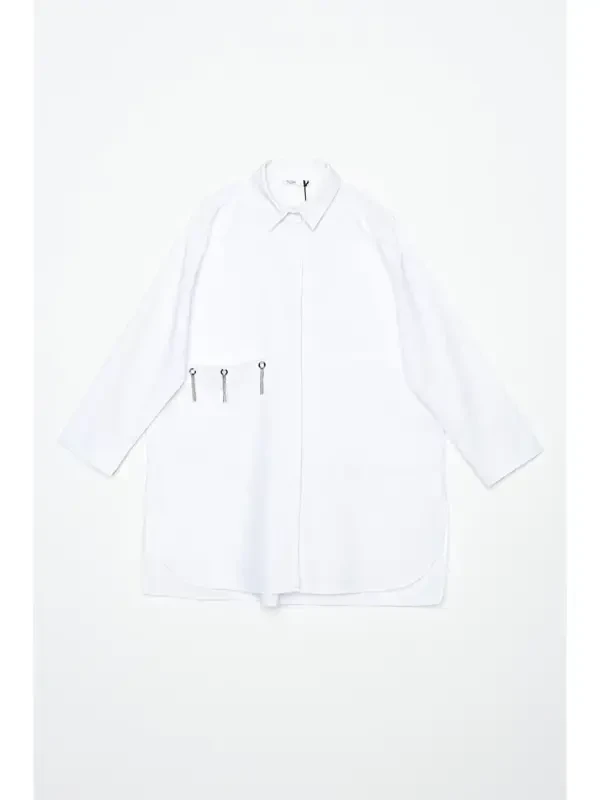 White Large Pocket Birdseye Oversize Shirt - 6