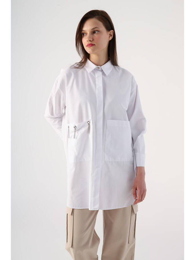 White Large Pocket Birdseye Oversize Shirt - 6