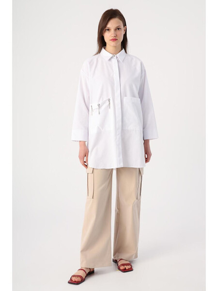 White Large Pocket Birdseye Oversize Shirt - 7