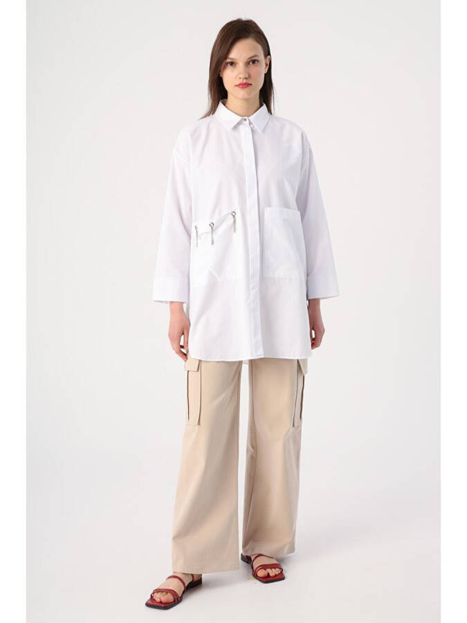 White Large Pocket Birdseye Oversize Shirt - 7