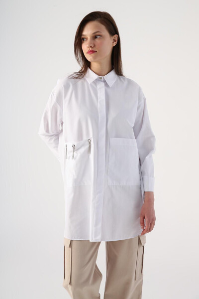 White Large Pocket Birdseye Oversize Shirt - 11