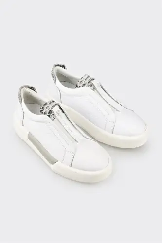 White Leather Women's Sneakers-White - ELLE SHOES (1)