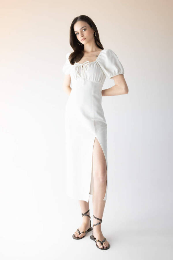 White Linen A-line Dress with Ruffled Neckline and Slit, Short Sleeves, Midi Length, Ecru - 1